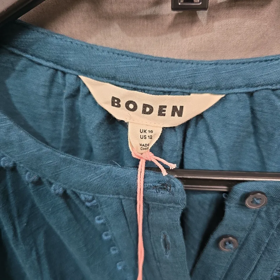 BODEN TEAL BLOUSE WITH EYELET SLEEVES, WOMEN'S UK 16
