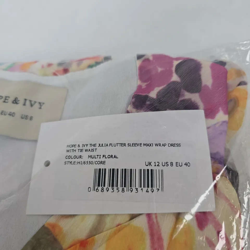 HOPE & IVY JULIA FLUTTER SLEEVE MAXI WRAP DRESS – MULTI FLORAL, UK 12 (US 8, EU 40)