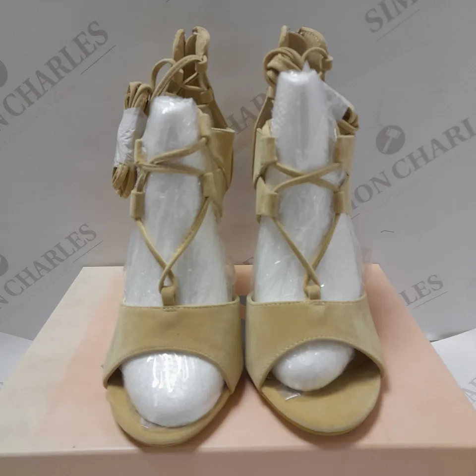 KOI DOUBLE LACE NUDE SUEDE STILETTO HEELS - SIZE 6