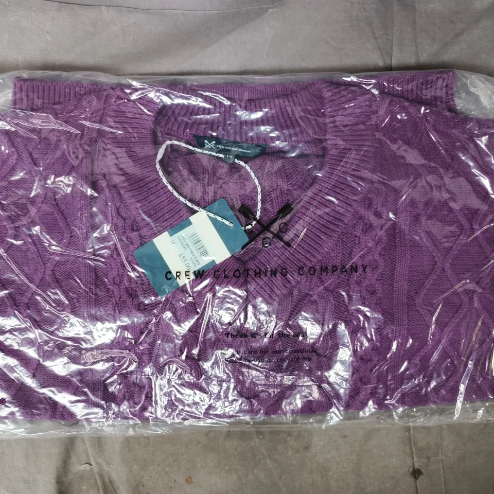 BAGGED CREW CLOTHING COMPANY MULTI CABLE V-NECK JUMPER IN WINEBERRY SIZE 14