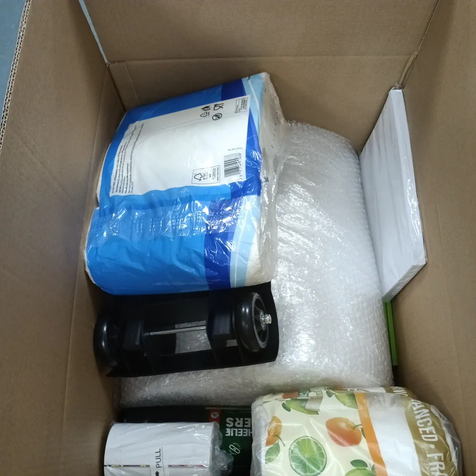 BOX OF APPROXIMATELY 10 ASSORTED ITEMS INCLUDING BIN IT BIN LINERS, BRITISH PAPER AND FABULOSA KITCHEN TOWEL