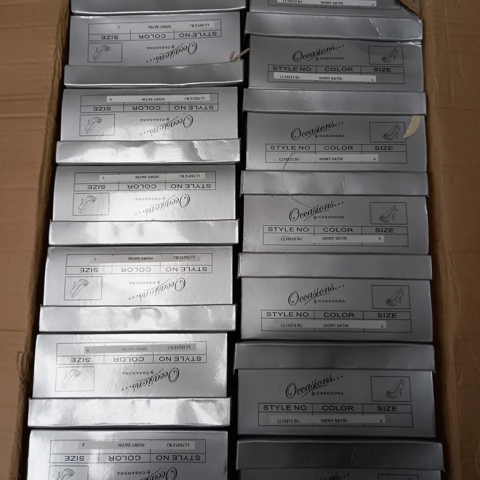 BOX OF 14 PAIRS OF IVORY SATIN HIGH HEELED SHOES 