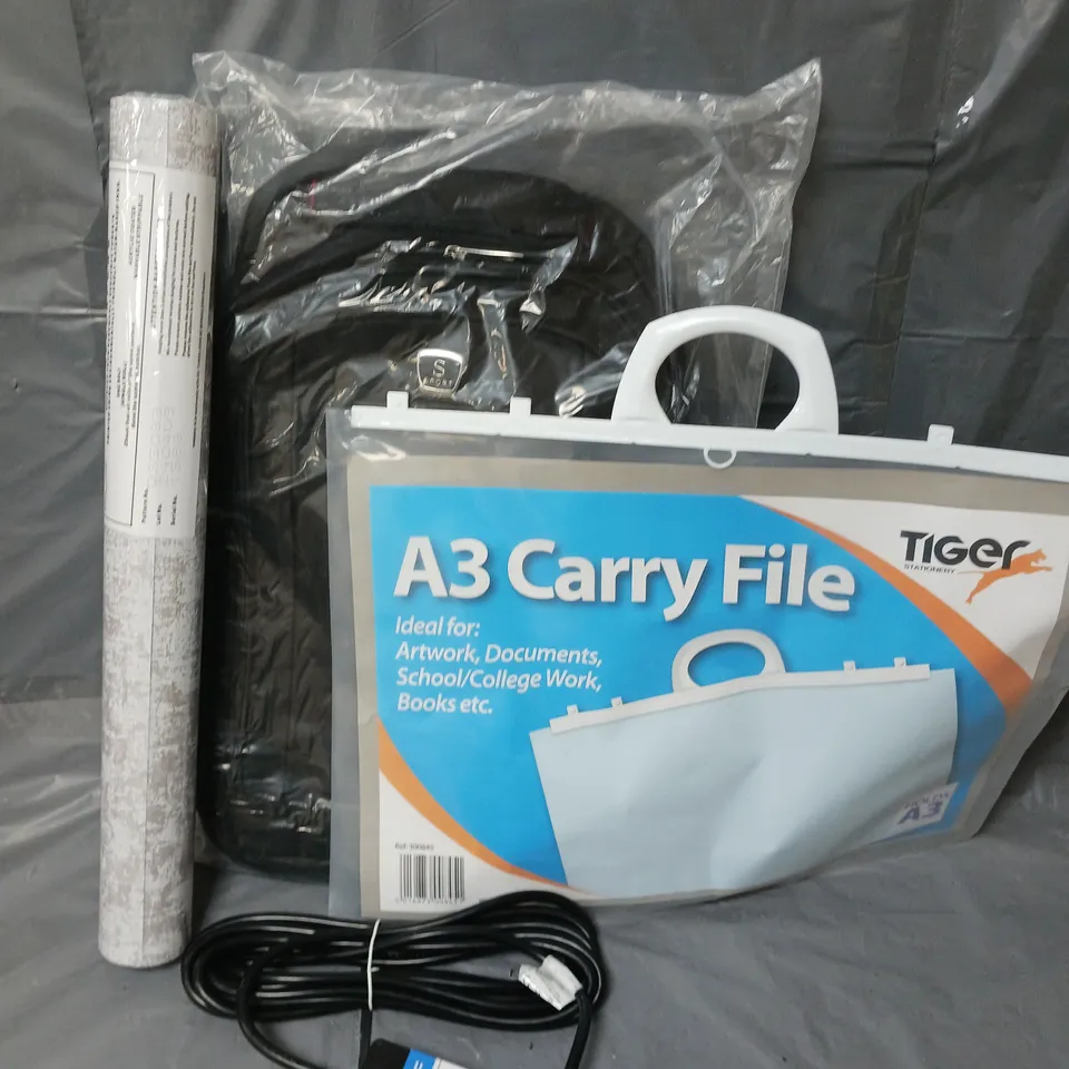 APROXIMATELY 20 ASSORTED HOUSEHOLD ITEMS TO INCLUDE RUCKSACK, A3 CARRY FILE, PROELEC 2 GANG EXTENSION LEAD, ETC