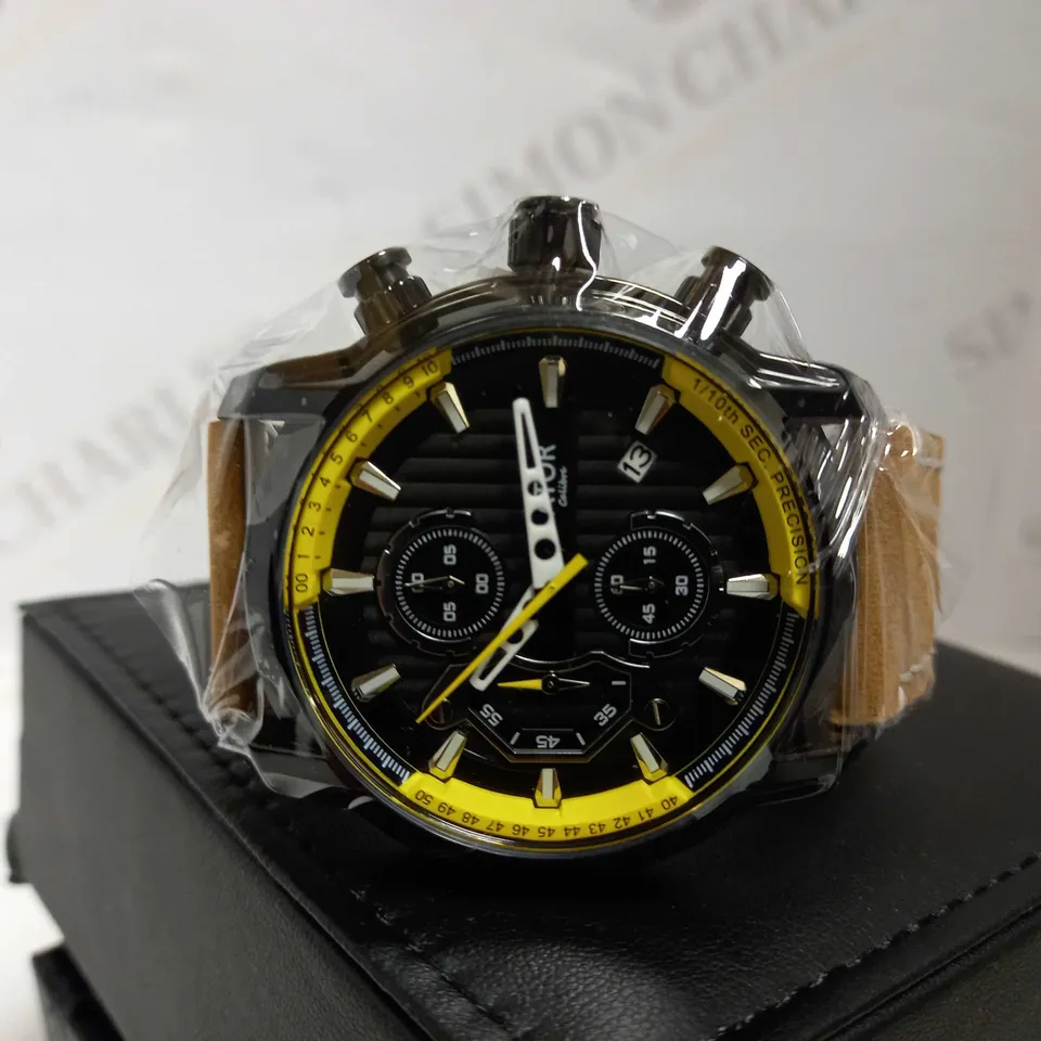 LATOR CALIBRE BLACK & YELLOW FACE SUEDE LEATHER STRAP WATCH RRP £635