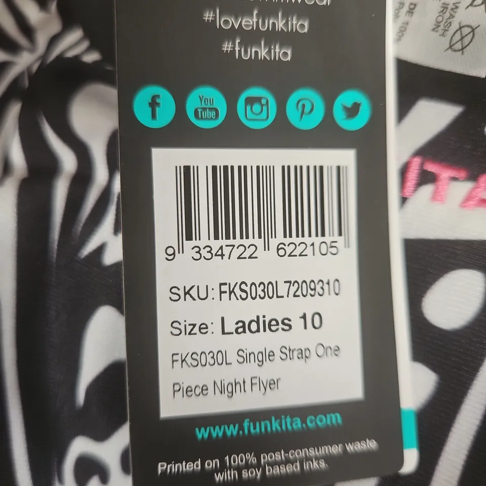FUNKITA LADIES ONE-PIECE SWIMSUIT – NIGHT FLYER, UK 10, BLACK/WHITE