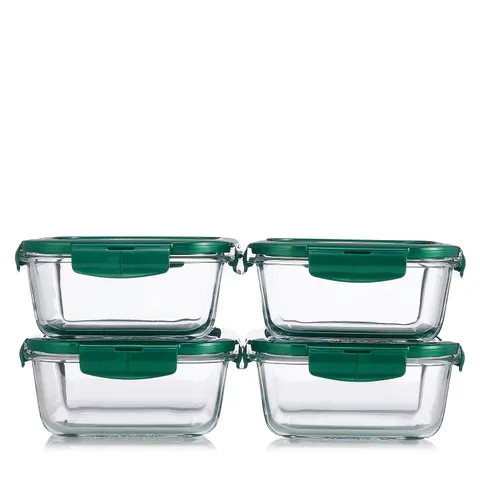 LOCK & LOCK SET OF 4 GLASS SQUARE STORAGE SET 900ML GREEN