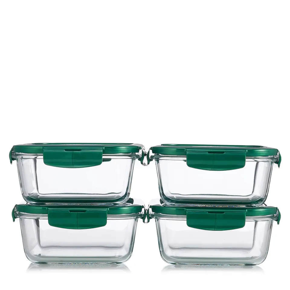 LOCK & LOCK SET OF 4 GLASS SQUARE STORAGE SET 900ML GREEN