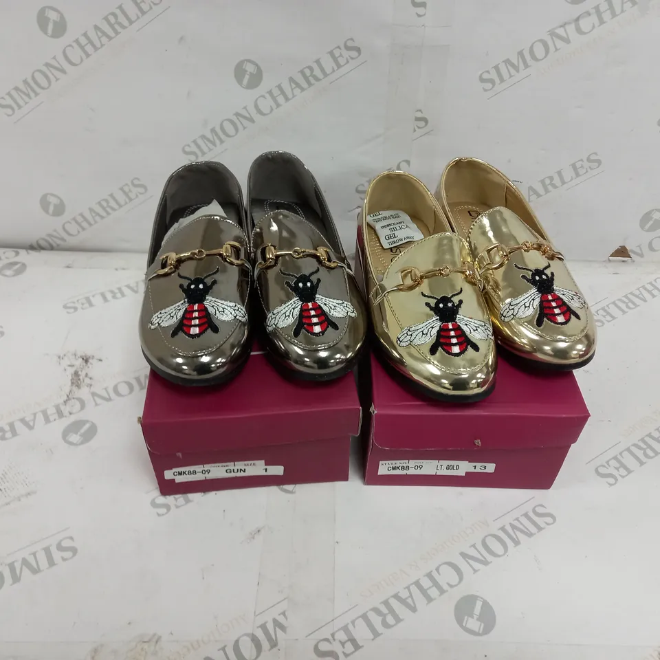 APPROXIMATELY 12 BOXED PAIR OF KELSI KIDS BUTTERFLY EMBROIDERED LOAFERS TO INCLUDE SIZES 9, 12, 13