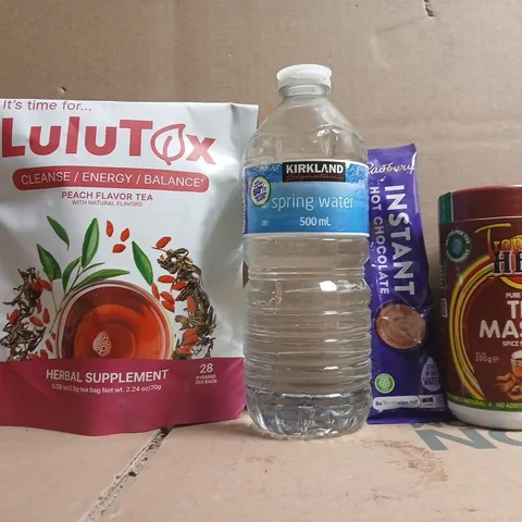 APPROXIMATELY 10 ASSORTED FOOD AND DRINK ITEMS TO INCLUDE TEA MASALA, INSTANT HOT CHOCOLATE, ETC