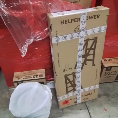 PALLET OF ASSORTED HOUSEHOLD GOODS AND PRODUCTS TO INCLUDE;TOILET SEAT,WOODEN HANGERS,HELPER TOWER