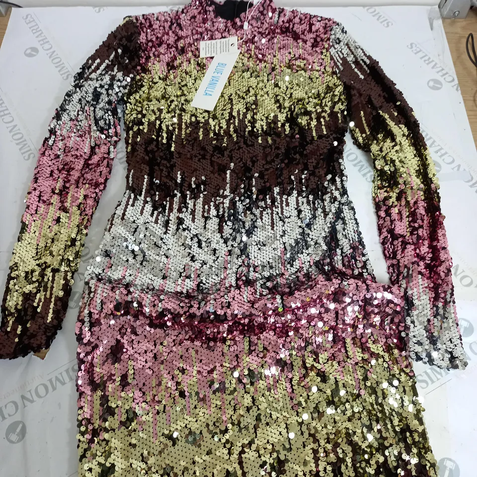 BLUE VANILLA HIGH NECK OMBRE SEQUIN DRESS IN MULTI - SIZE 10