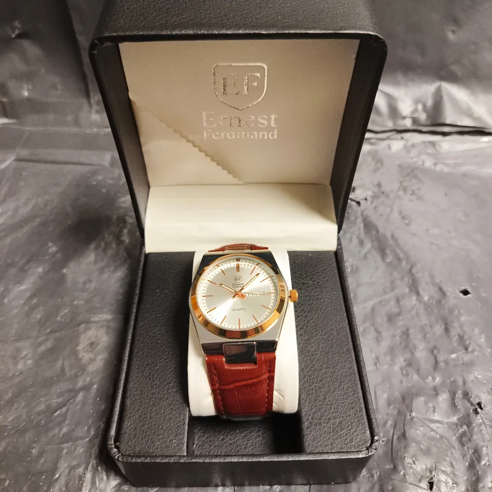 MENS ERNEST FERDINAND WATCH – DAY DATE CALENDAR DIAL – LEATHER STRAP