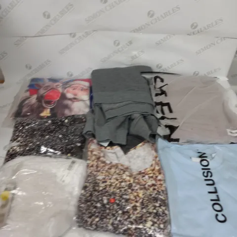 LARGE BOX OF ASSORTED CLOTHING ITEMS IN VARIOUS COLOURS AND SIZES INCLUDING TROUSERS , TOPS AND JUMPERS