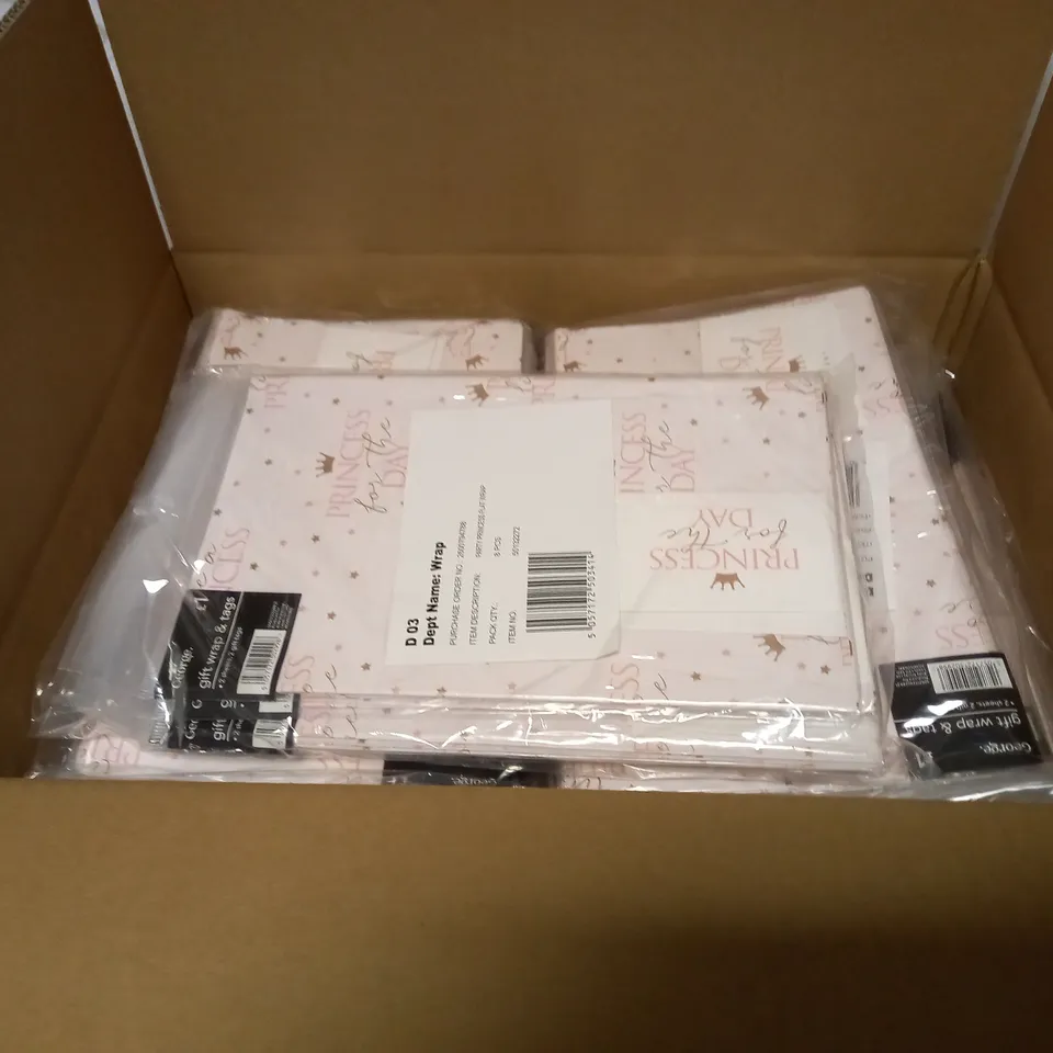 BOX OF APPROXIMATELY 160 BRAND NEW PARTY PRINCESS FLAT WRAP AND GIFT TAGS (8 PER BAG, 20 BAGS IN BOX)
