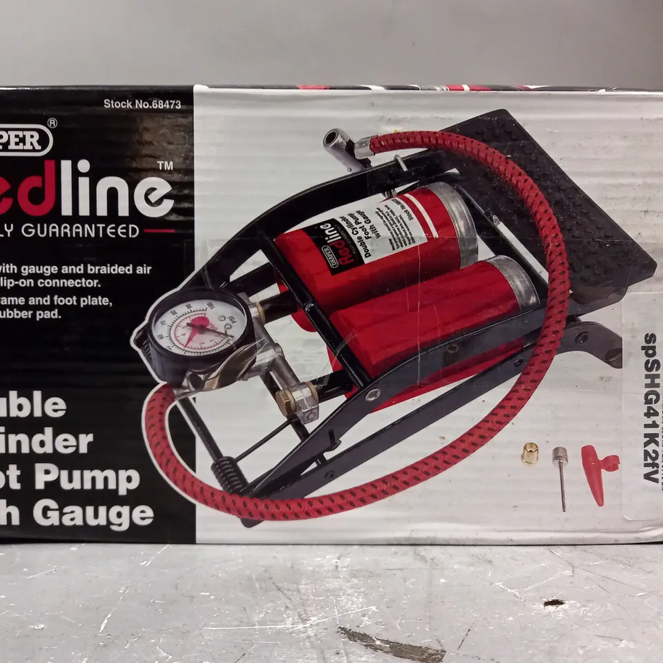 BOXED REDLINE DOUBLE CYLINDER FOOT PUMP WITH GAUGE