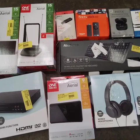 PALLET OF ASSORTED TECH ITEMS TO INCLUDE MIXX STREAMBUDS, ONE FOR ALL AERIALS, HEADPHONES, SHARP MICRO SYSTEM AND PARTY SPEAKERS