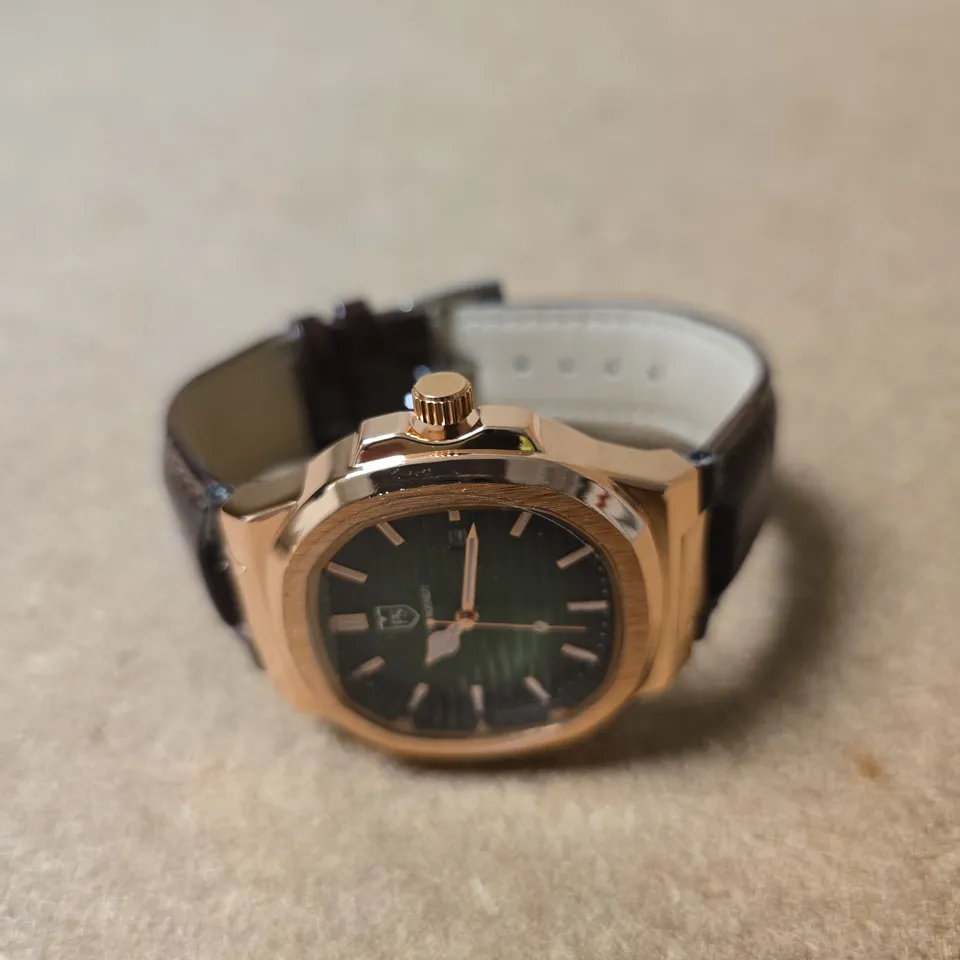 FRANK SCHMIDT WRISTWATCH – ROSE GOLD TONE CASE, GREEN DIAL, BROWN LEATHER STRAP