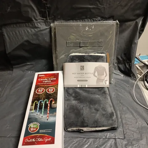 BOX OF APPROXIMATELY 25 ASSORTED HOUSEHOLD ITEMS INCLUDING HOT WATER BOTTLE IN COVER, STORAGE ZIP UP BAGS AND 4 PIECE LED CANDY CANE LIGHTS