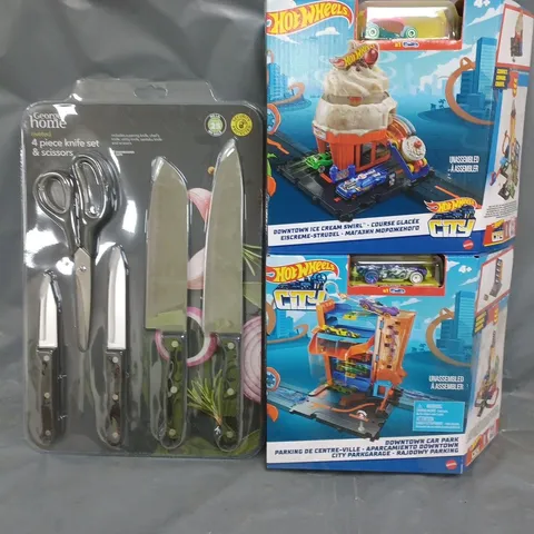 BOX OF APPROXIMATELY 10 ASSORTED HOUSEHOLD ITEMS TO INCLUDE HOT WHEELS TOY SET, 4-PIECE KNIFE SET & SCISSORS, ETC - COLLECTION ONLY