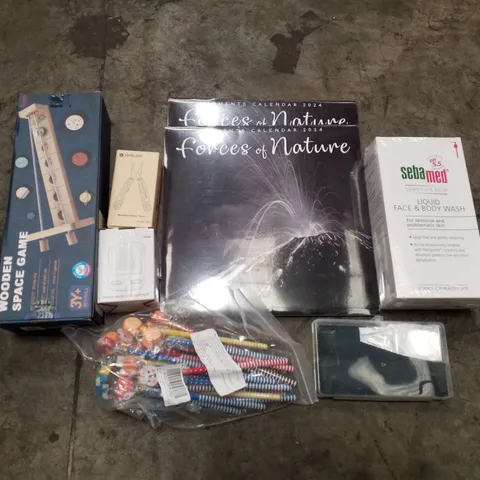 PALLET OF ASSORTED PRODUCTS INCLUDING FORCE OF NATURE 2024 CALENDAR, MULTIFUNCTIONAL TOOL, WOODEN SPACE GAME, LED NIGHT LIGHT, FACE & BODY WASH, PENCILS WITH ERASERS