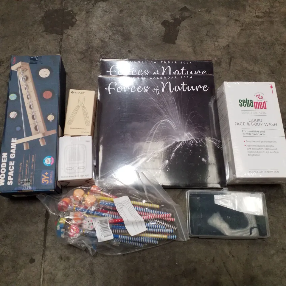 PALLET OF ASSORTED PRODUCTS INCLUDING FORCE OF NATURE 2024 CALENDAR, MULTIFUNCTIONAL TOOL, WOODEN SPACE GAME, LED NIGHT LIGHT, FACE & BODY WASH, PENCILS WITH ERASERS
