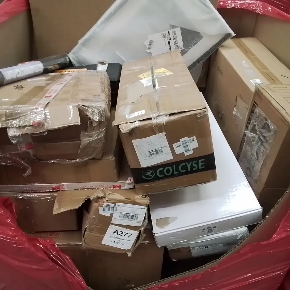 PALLET CONTAINING VARIOUS ASSORTED BOXED HOUSEHOLD ITEMS TO INCLUDE: 8" CHAINSAW, AIR COOLER, SHOWER MIXER TAPS, WINDOW FILM AND LOTS MORE UNMARKED BOXED ITEMS 
