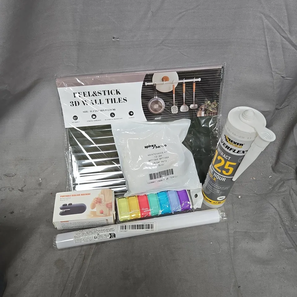 APPROXIMATELY 12 ASSORTED HOUSEHOLD ITEMS TO INCLUDE PEEL & STICK 3D WALL TILES, ONE HOUR CAULK, PORTABLE SEALING MACHINE, ETC