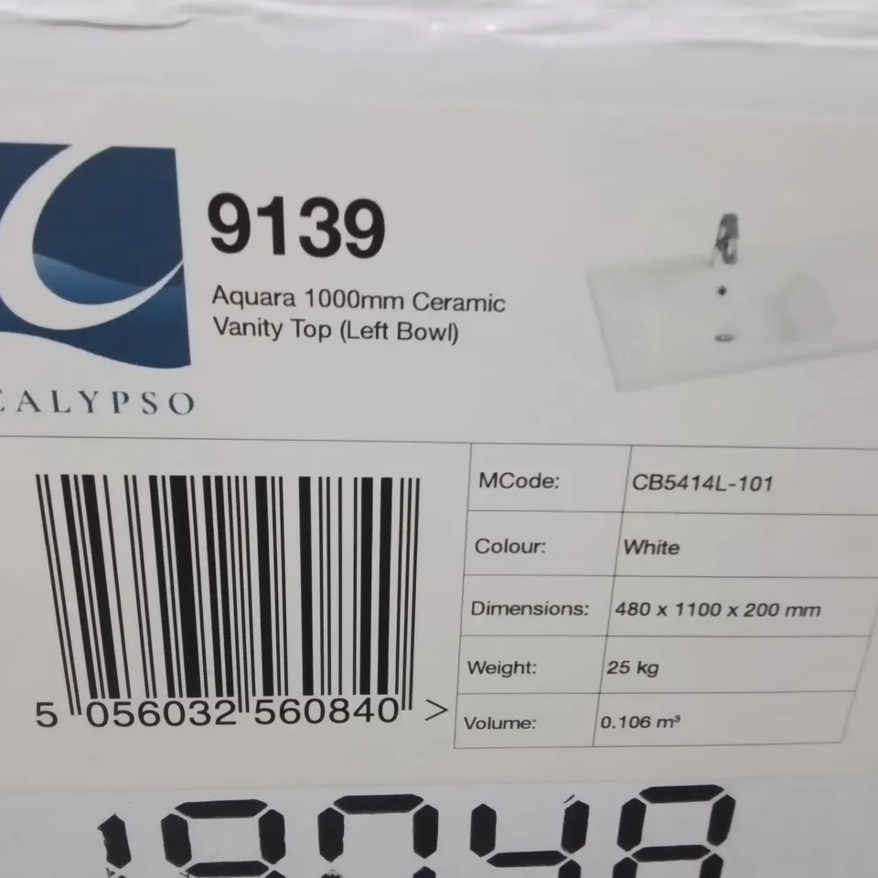 BOXED AS NEW CALYPSO AQUARA 1000MM CERAMIC VANITY TOP IN WHITE - 480X1100X200MM