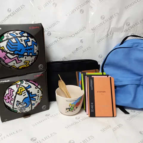 APPROXIMATELY 10 ASSORTED TYPO ITEMS TO INCLUDE KEITH HARING BASKETBALL SIZE 7, A5 JOURNAL, CORE LAPTOP BAG 13 INCH, BACKPACK ETC. 