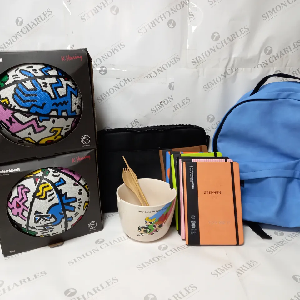 APPROXIMATELY 10 ASSORTED TYPO ITEMS TO INCLUDE KEITH HARING BASKETBALL SIZE 7, A5 JOURNAL, CORE LAPTOP BAG 13 INCH, BACKPACK ETC. 