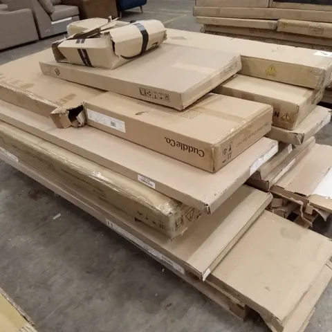 PALLET OF ASSORTED DESIGNER INCOMPLETE FURNITURE PARTS TO INCLUDE; NURSERY FURNITURE, WARDROBE, AND BED PARTS AND PIECES ETC