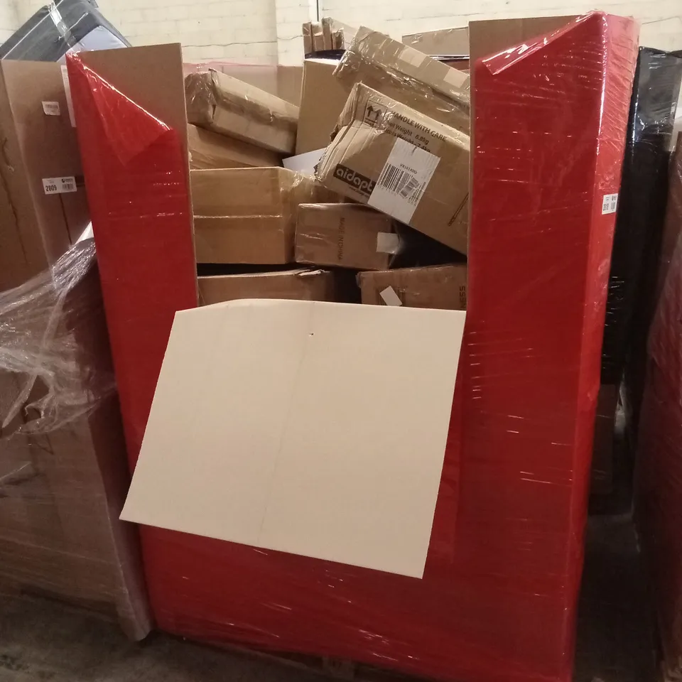 PALLET OF ASSORTED HOUSEHOLD GOODS AND PRODUCTS TO INCLUDE; FLOWER SPINNING CHAIR, TOILET AID, BOXED FURNITURE ETC