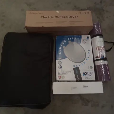 PALLET OF ASSORTED ITEMS INCLUDING ELECTRIC CLOTHES DRYER, ELLIEBO PET BED, CHRISTMAS WREATH, TOPLUS YOGA MAT, CROYDEX TOILET SEAT, ROUND WALL MIRROR