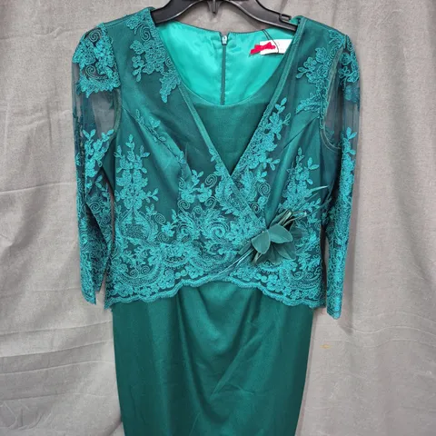 WOMEN'S TEAL LACE-OVERLAY EVENING DRESS WITH FLORAL WAIST EMBELLISHMENT - SIZE 10