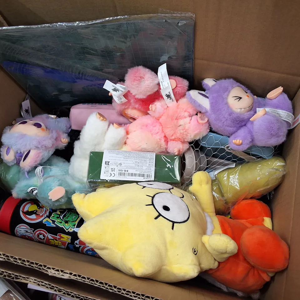 BOX CONTAINING ASSORTED PRODUCTS INCLUDING SIMPSONS LISA PLUSH, CUTTING MAT, 2027 WEEKLY PLANNER, MARVEL METAL WATER BOTTLE & STRESS RELIEF TOYS