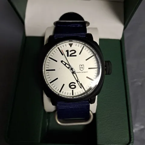 FRANK SCMIDT WHITE DIAL GENTS WATCH WITH BLACK CASE AND BLUE STRAP