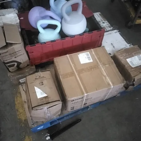 SMALL PALLET OF DUMBELLS, KETTLEBELLS, ADJUSTABLE DUMBELL ETC