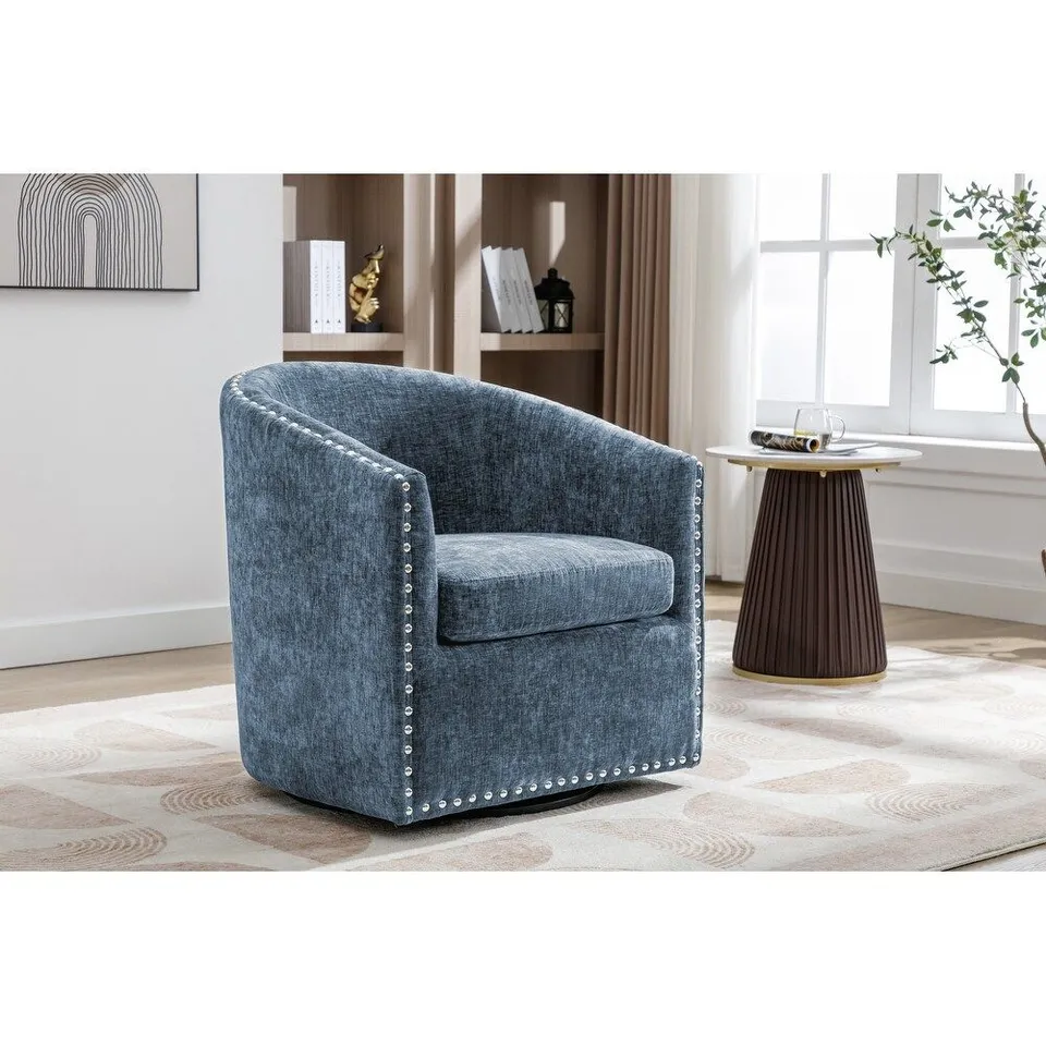 PORTHOS HOME WESA SWIVEL FABRIC UPHOLSTERED BARREL ACCENT CHAIR -BLUE-