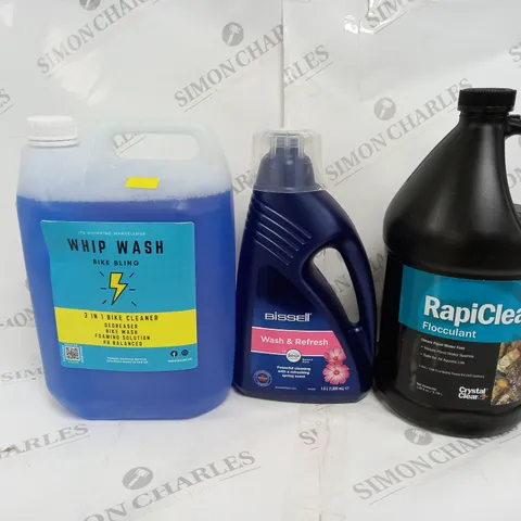 BOX OF 3 ASSORTED ITEMS TO INCLUDE - WHIP WASH - BISSELL WASH & REFRESH - RAPICLEAR FLOCULANT