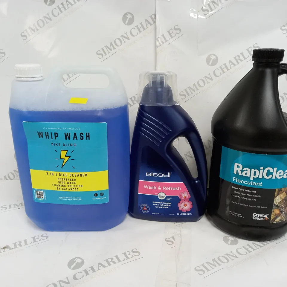 BOX OF 3 ASSORTED ITEMS TO INCLUDE - WHIP WASH - BISSELL WASH & REFRESH - RAPICLEAR FLOCULANT 