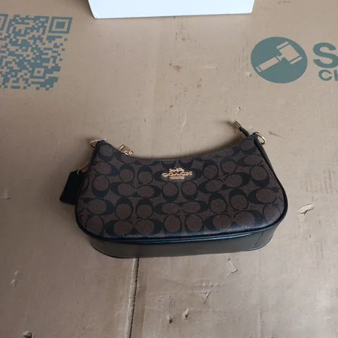 COACH MONOGRAM CANVAS SHOULDER BAG – BLACK LEATHER TRIM