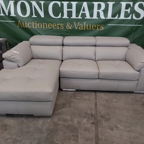 DESIGNER ITALIAN STYLE CHAISE SOFA WITH ADJUSTABLE HEADRESTS LIGHT GREY LEATHER