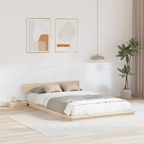 BOXED FLOOR BED FRAME WITH BEDSIDE TABLES WHITE 150Γ200CM SOLID WOOD