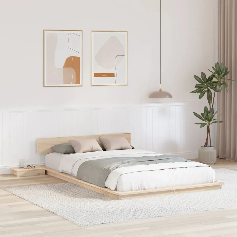 BOXED FLOOR BED FRAME WITH BEDSIDE TABLES WHITE 150×200CM SOLID WOOD