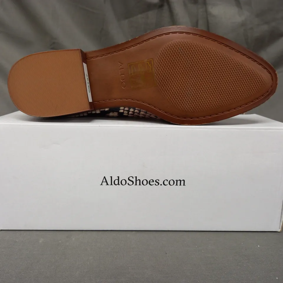 BOXED PAIR OF ALDO KAICA LEATHER SHOES IN BEIGE SNAKE UK SIZE 3