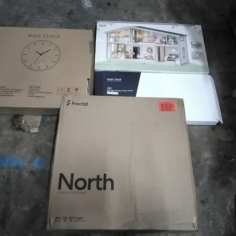 PALLET OF HOUSEHOLD ITEMS TO INCLUDE NORTH COMPUTER CASE, WALL CLOCK,SWEDISH DOLL HOUSE, PDT LIGHT THERAPY BEAUTY DEVICE AND OTHER ASSORTED ITEMS...