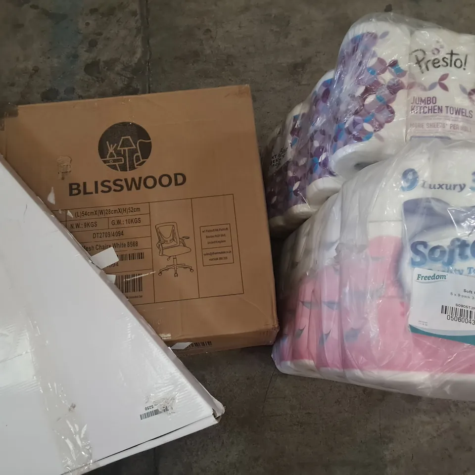 PALLET OF ASSORTED HOUSEHOLD ITEMS TO INCLUDE BLISSWOOD MESH OFFICE CHAIR, KITCHEN TOWEL MULTIPACKS AND PLAYPEN