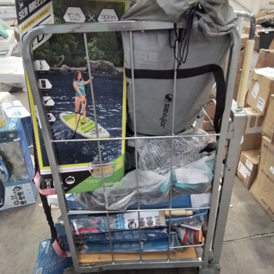 CAGE OF UNTESTED ASSORTED INFLATABLE KAYAKS AND ACCESSORIES 
