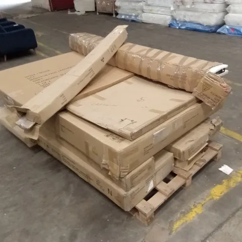 PALLET OF ASSORTED DESIGNER INCOMPLETE FURNITURE PARTS TO INCLUDE; BED FRAME PARTS AND PIECES