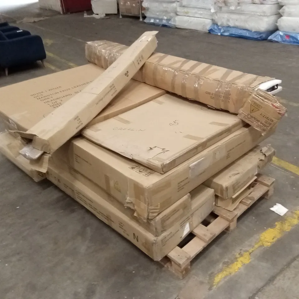 PALLET OF ASSORTED DESIGNER INCOMPLETE FURNITURE PARTS TO INCLUDE; BED FRAME PARTS AND PIECES